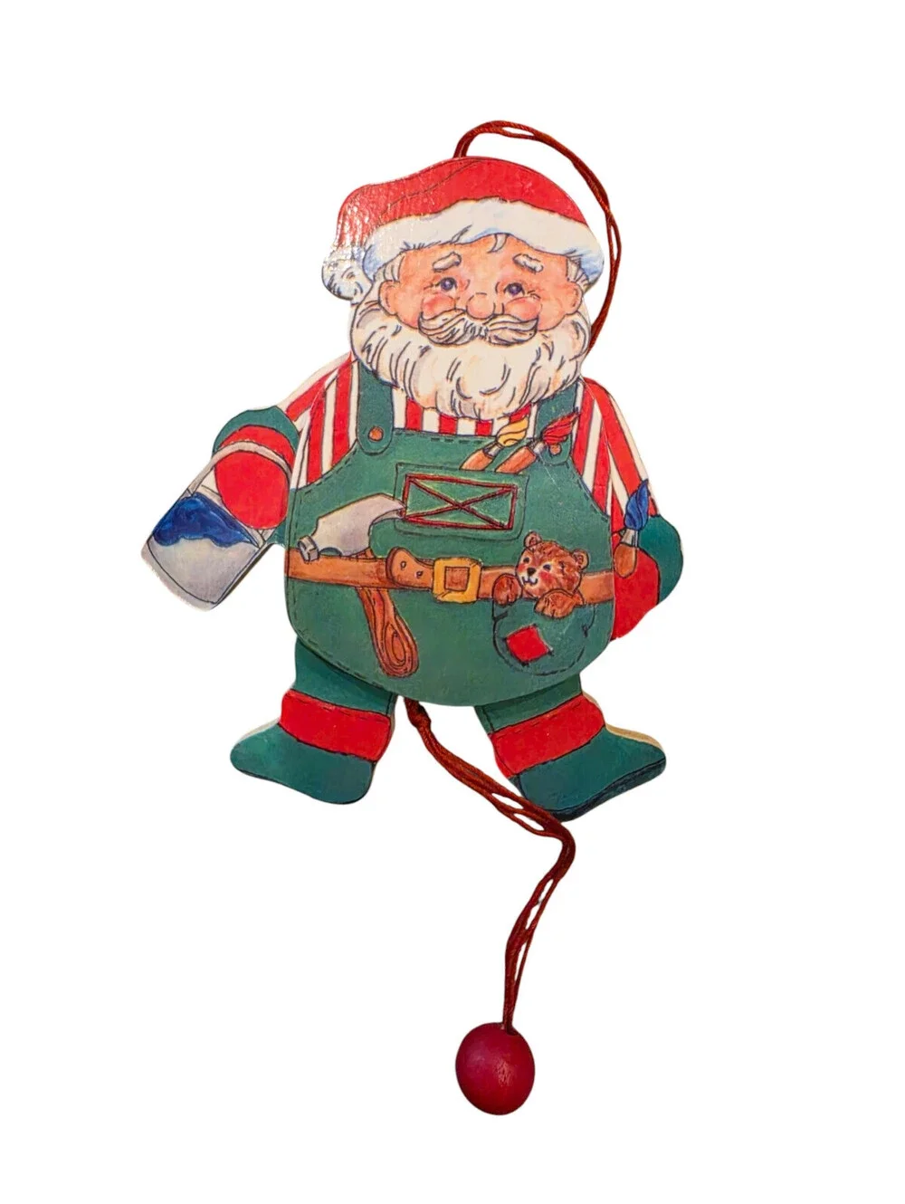 Vintage Midwest Importer Pull String Santa Wood Ornament Jointed Two Sided Decor